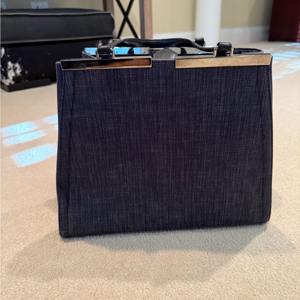Fendi Toujours Denim Navy Shoulder Bag with Silver Trim